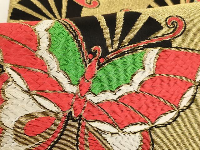 平和屋着物∵女の子 子供 丸帯 舞蝶扇文 黒地 金銀糸 逸品 AABI2919ja