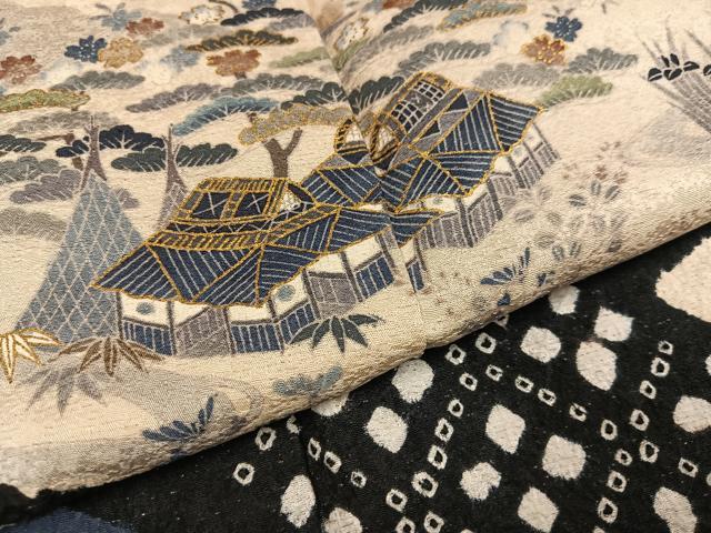 平和屋着物●訪問着 友禅 風景草花文 金彩 銀通し地 正絹 逸品 AABI2974ph