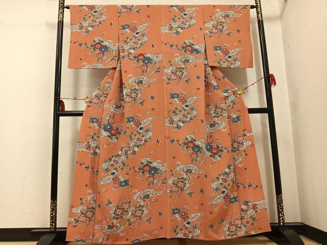 平和屋着物●上質な小紋 紅型 花鳥文 鬼しぼ縮緬 正絹 逸品 AABI2986ph