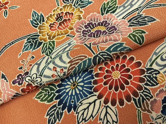 平和屋着物●上質な小紋 紅型 花鳥文 鬼しぼ縮緬 正絹 逸品 AABI2986ph
