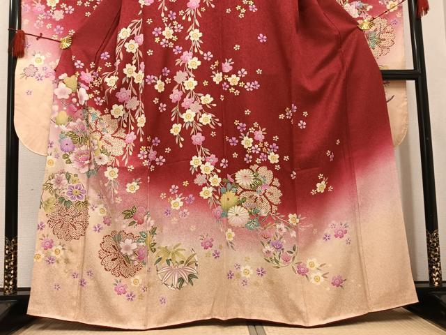 平和屋着物●豪華振袖・長襦袢(無双仕立て)セット 刺繍 草花文 暈し染め 金彩 金通し地 半衿刺繍 正絹 逸品 AABI2993ph