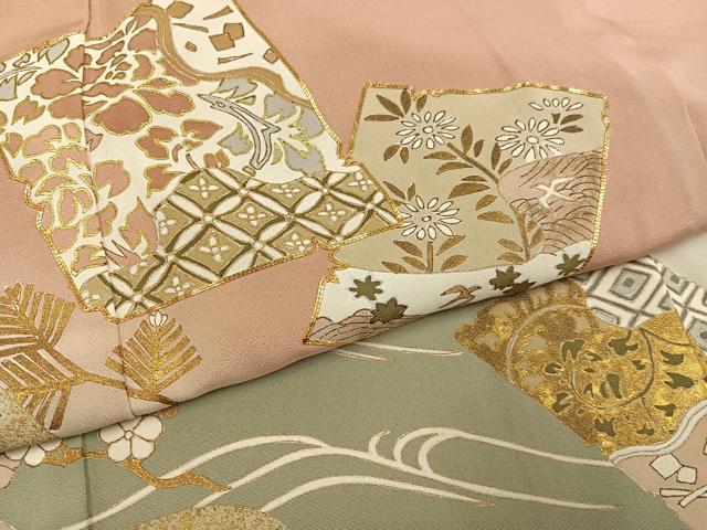 平和屋着物●豪華色留袖 駒刺繍 色紙草花舞蝶文 暈し染め 金彩 正絹 逸品 AABI3012ph