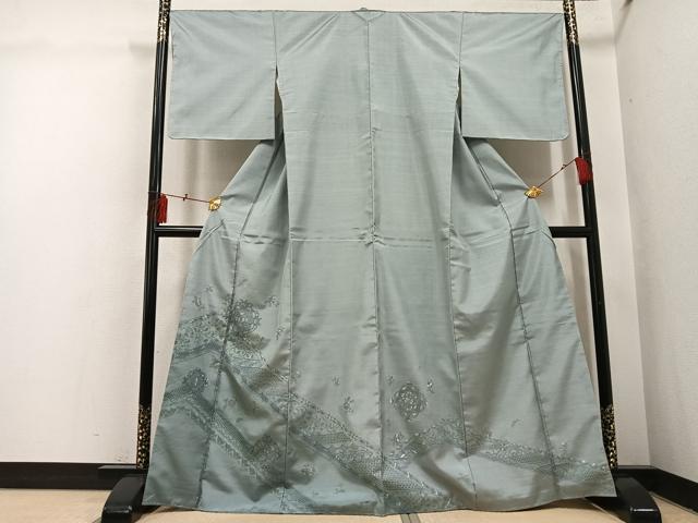 平和屋着物●本場大島紬 訪問着 中国三大刺繍 汕頭刺繍 スワトウ刺繍 花唐草文 正絹 逸品 未使用 AABI3017ph