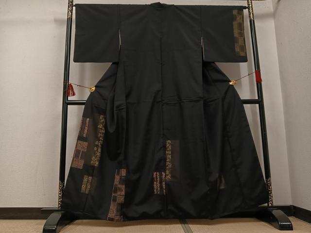 平和屋着物●本場大島紬 染大島 訪問着 飛鳥扇面花文 黒地 正絹 逸品 AABI3063ph