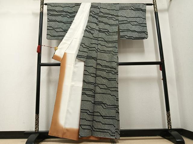 平和屋着物●上質な小紋 総絞り 幾何学文様 黒地 正絹 逸品 AABI3087ph