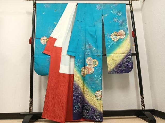 平和屋着物●豪華振袖 花鼓文 暈し染め 金銀彩 銀通し地 正絹 逸品 AABI3095ph