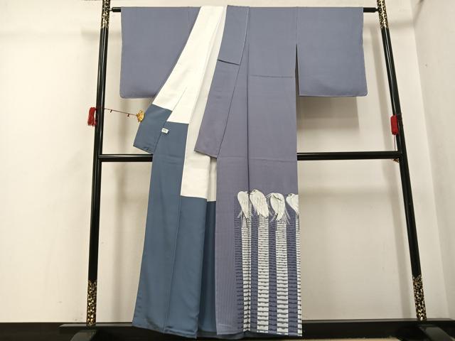 平和屋着物●東京友禅 菅有鬼一 訪問着 手描き 白鷺 金彩 正絹 逸品 未使用 AABI3117ph