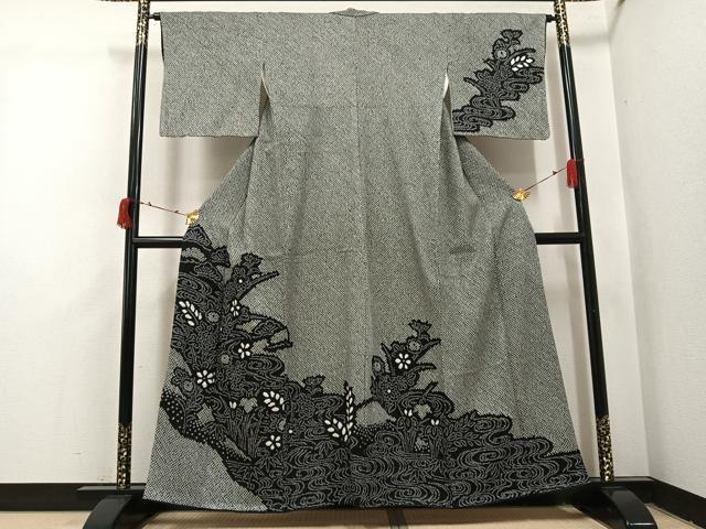平和屋着物●訪問着 総絞り 流水草花文 黒地 正絹 逸品 AABI3120ph