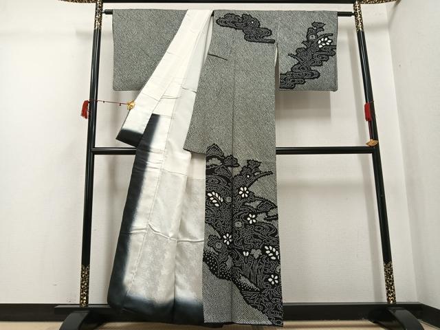 平和屋着物●訪問着 総絞り 流水草花文 黒地 正絹 逸品 AABI3120ph