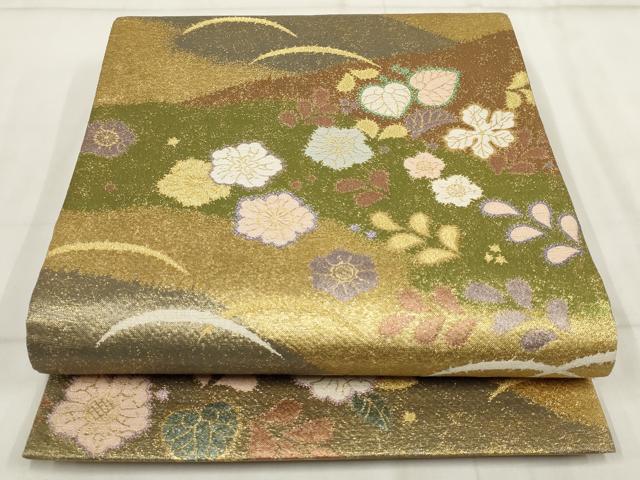 平和屋着物▼太鼓柄袋帯 辻が花 草花文 金糸 正絹 逸品 AABI3312wj