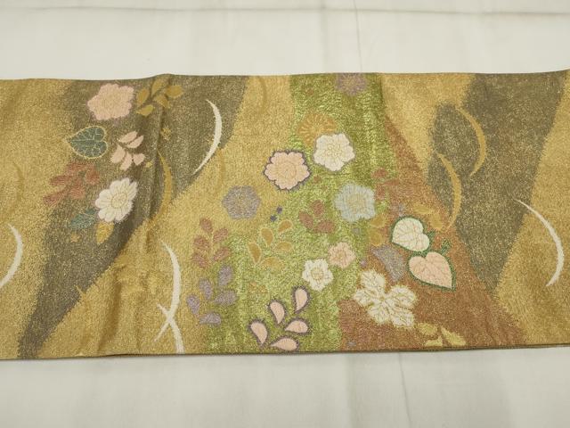 平和屋着物▼太鼓柄袋帯 辻が花 草花文 金糸 正絹 逸品 AABI3312wj
