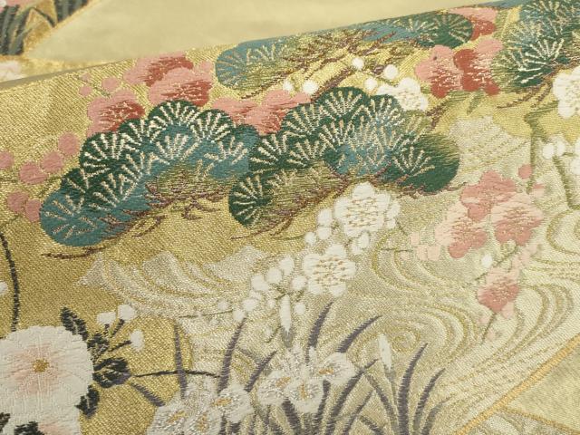平和屋着物▼六通柄袋帯 秀花絵巻文様 金銀糸 正絹 逸品 AABI3313wj