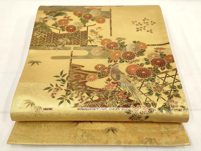 平和屋着物▼漆工芸作家 金森一博 太鼓柄袋帯 花鳥文 金彩 正絹 逸品 AABI3324wj