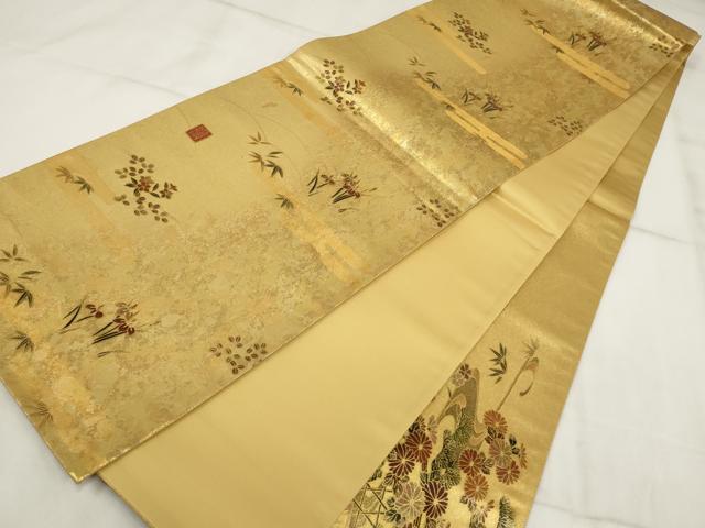 平和屋着物▼漆工芸作家 金森一博 太鼓柄袋帯 花鳥文 金彩 正絹 逸品 AABI3324wj