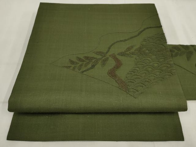 平和屋着物▼中国三大刺繍 相良刺繍 九寸名古屋帯 紬地 草葉文 正絹 逸品 AABI3390wj