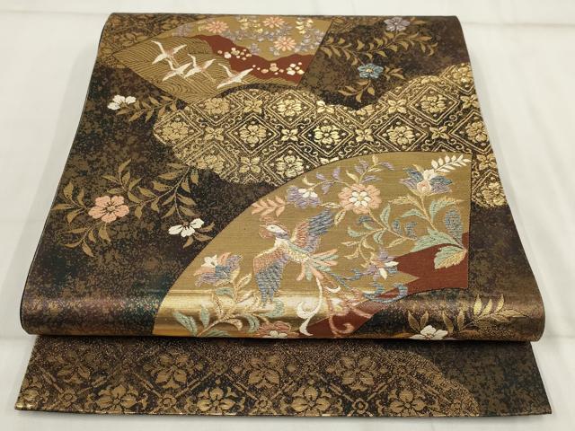 平和屋着物▼六通柄袋帯 地紙花鳥文 黒地 金糸 正絹 逸品 AABI3395wj