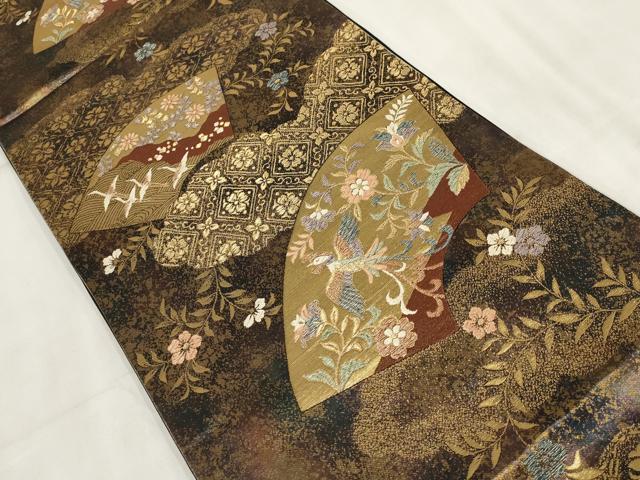 平和屋着物▼六通柄袋帯 地紙花鳥文 黒地 金糸 正絹 逸品 AABI3395wj