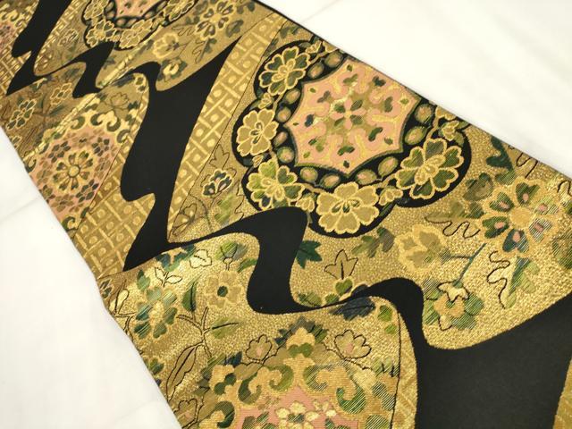 平和屋着物▼六通柄袋帯 切嵌吉祥花文 黒地 金糸 正絹 逸品 AABI3425wj