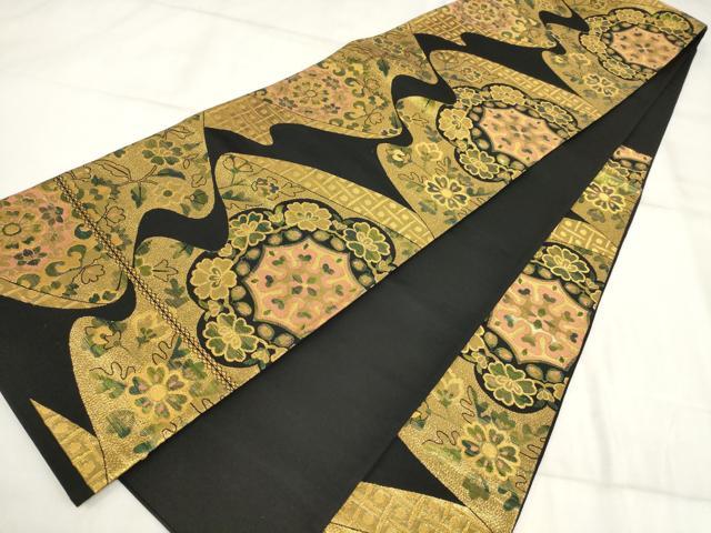 平和屋着物▼六通柄袋帯 切嵌吉祥花文 黒地 金糸 正絹 逸品 AABI3425wj