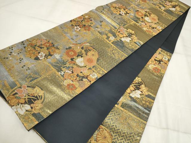 平和屋着物▼六通柄袋帯 違棚花丸紋 金糸 正絹 逸品 AABI3431wj