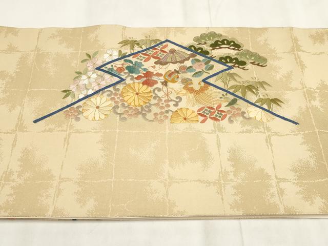 平和屋着物▼総刺繍 袋帯 松竹梅 幾何学花文 金糸 正絹 逸品 AABI3438wj