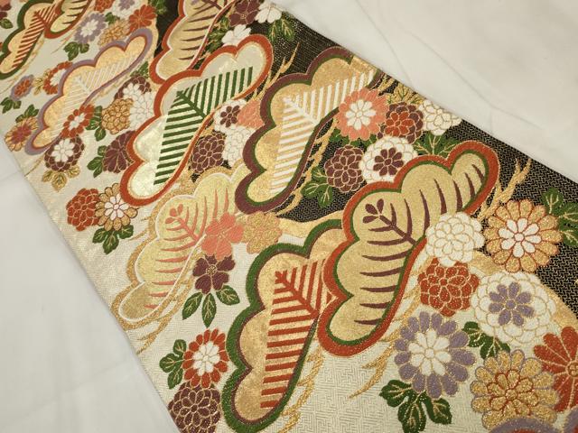 平和屋着物▼六通柄袋帯 草花文 松 金糸 正絹 逸品 AABI3543wj