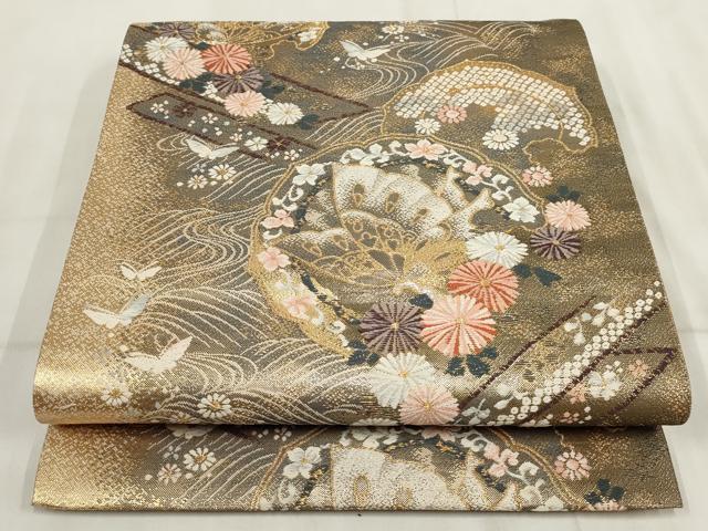 平和屋着物▼六通柄袋帯 流水花蝶文 金銀糸 正絹 逸品 AABI3578wj