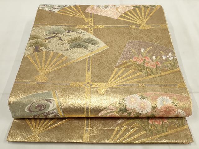 平和屋着物▼六通柄袋帯 扇面花文 金糸 正絹 逸品 AABI3579wj