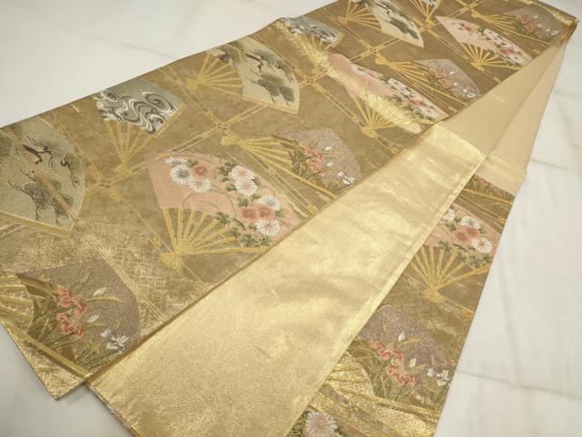 平和屋着物▼六通柄袋帯 扇面花文 金糸 正絹 逸品 AABI3579wj