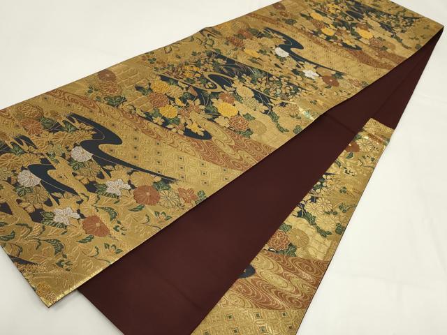 平和屋着物▼六通柄袋帯 流水花文 金銀糸 正絹 逸品 AABI3619wj