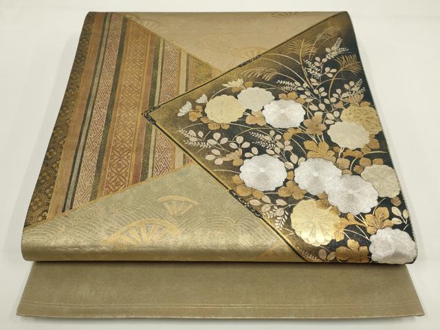 平和屋着物▼太鼓柄袋帯 刺繍 切嵌花文 金彩 銀糸 正絹 逸品 AABI3668wj
