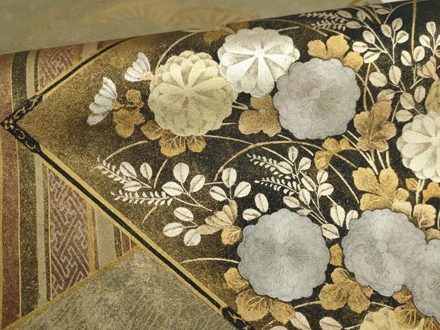 平和屋着物▼太鼓柄袋帯 刺繍 切嵌花文 金彩 銀糸 正絹 逸品 AABI3668wj