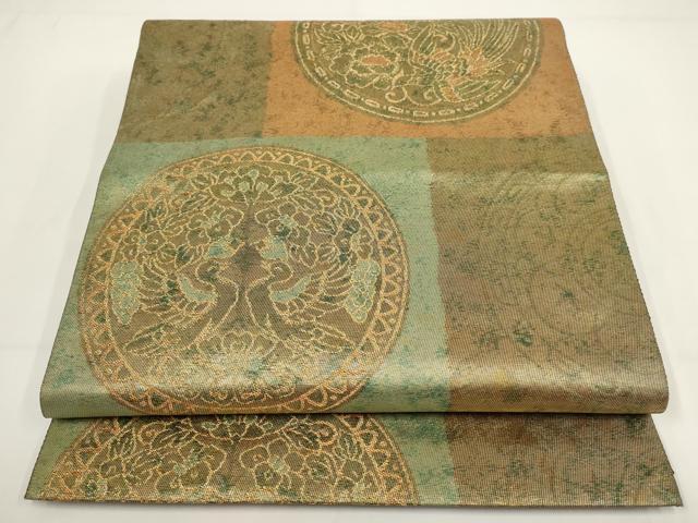 平和屋着物▼六通柄袋帯 市松花鳥丸文 金糸 正絹 逸品 AABI3682wj