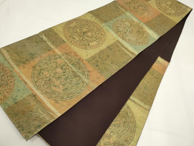 平和屋着物▼六通柄袋帯 市松花鳥丸文 金糸 正絹 逸品 AABI3682wj