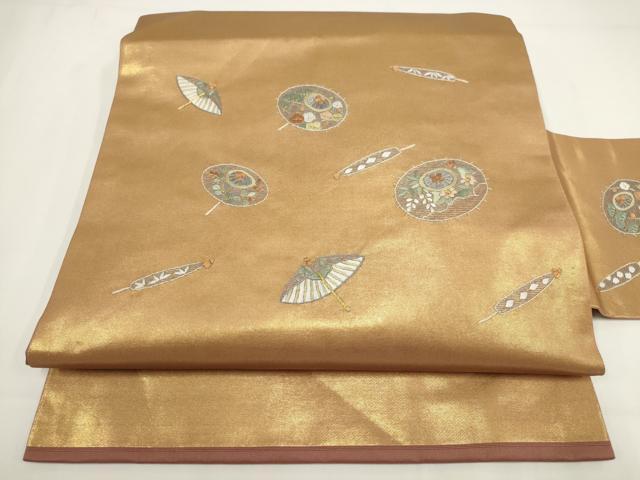 平和屋着物▼総刺繍 九寸名古屋帯 番傘 松竹梅 金糸 正絹 逸品 AABI3688wj