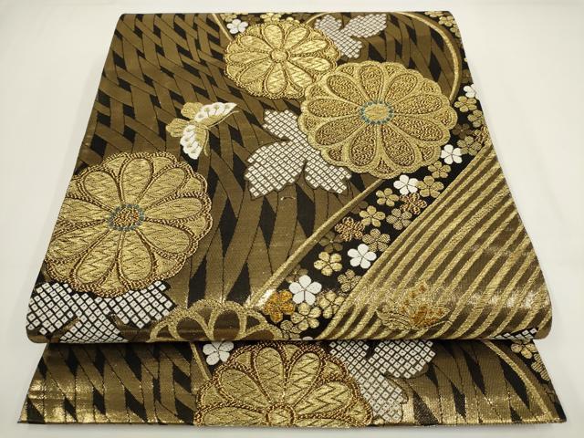 平和屋着物▼六通柄袋帯 花蝶文 金糸 正絹 逸品 AABI3716wj