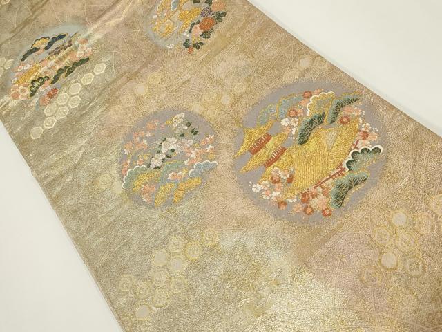 平和屋着物▼六通柄袋帯 京洛花絵巻 金糸 正絹 逸品 AABI3724wj