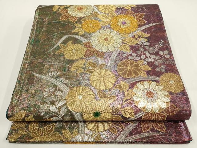 平和屋着物▼両面六通柄袋帯 草花文 金銀糸 正絹 逸品 AABI3729wj