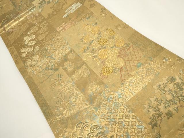 平和屋着物▼六通柄袋帯 青銅金唐織 色紙花文 金糸 引箔 正絹 逸品 AABI3743wj