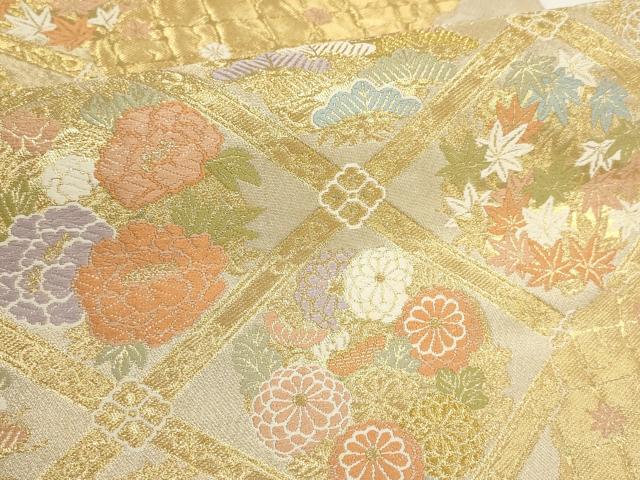 平和屋着物▼西陣 服部織物謹製 六通柄袋帯 道長花菱文 金糸 正絹 逸品 AABI3750wj