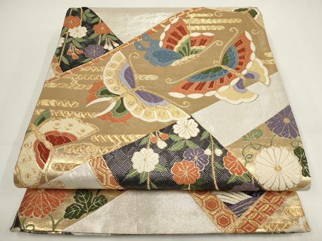 平和屋着物▼六通柄袋帯 唐織 花蝶文 金糸 正絹 逸品 AABI3751wj