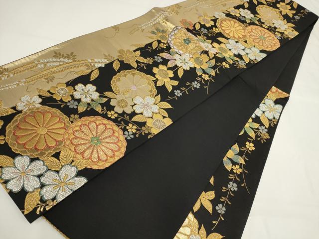 平和屋着物▼六通柄袋帯 舞花文 黒地 金銀糸 正絹 逸品 AABI3755wj