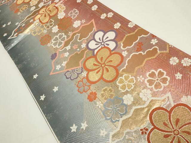 平和屋着物▼六通柄袋帯 地紙花文 金銀糸 正絹 逸品 AABI3756wj
