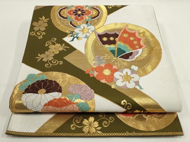 平和屋着物▽六通柄袋帯 唐織 花蝶丸文 金糸 正絹 逸品 AABI3758wj