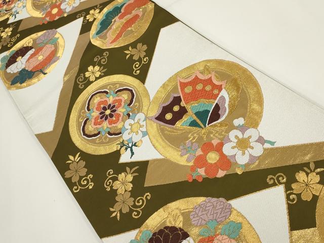 平和屋着物▼六通柄袋帯 唐織 花蝶丸文 金糸 正絹 逸品 AABI3758wj