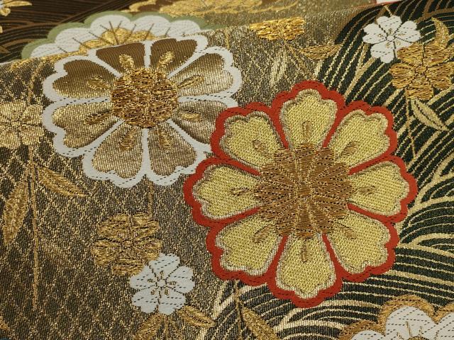 平和屋着物▼六通柄袋帯 流水花文 金銀糸 鈴乃屋扱い 正絹 逸品 AABI3762wj