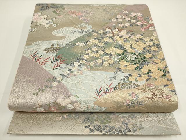 平和屋着物▼六通柄袋帯 遠山花鳥文 金糸 正絹 逸品 AABI3764wj