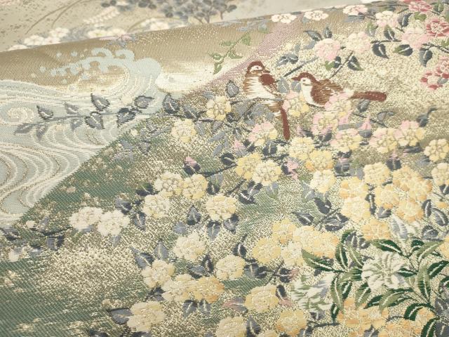 平和屋着物▼六通柄袋帯 遠山花鳥文 金糸 正絹 逸品 AABI3764wj