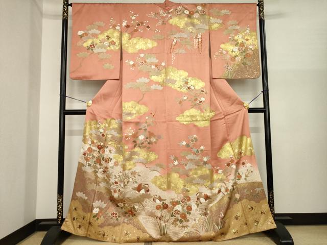 平和屋着物●訪問着 駒刺繍 流水鴛鴦花文 金彩 正絹 逸品 AABI3773ck