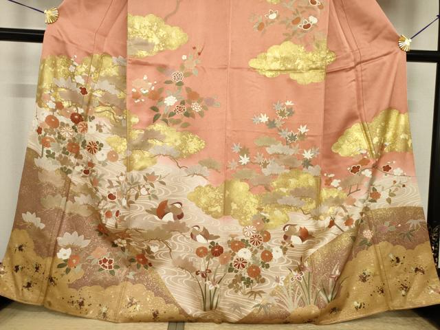平和屋着物●訪問着 駒刺繍 流水鴛鴦花文 金彩 正絹 逸品 AABI3773ck